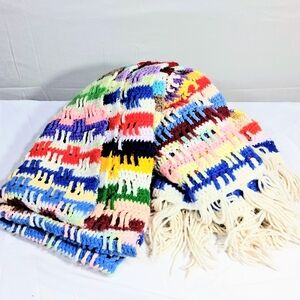 Handmade Crochet Vintage Multi-colored Fringed Colorful Throw/Blanket 74" x 58"